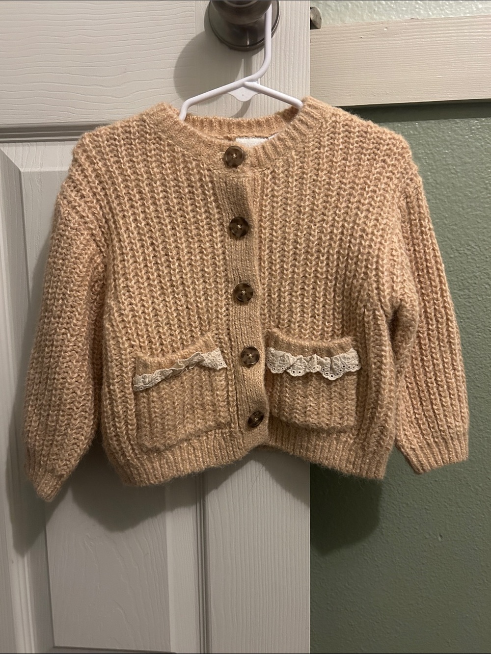 Zara Peach Knit Cardigan with Lace-Trim Pockets